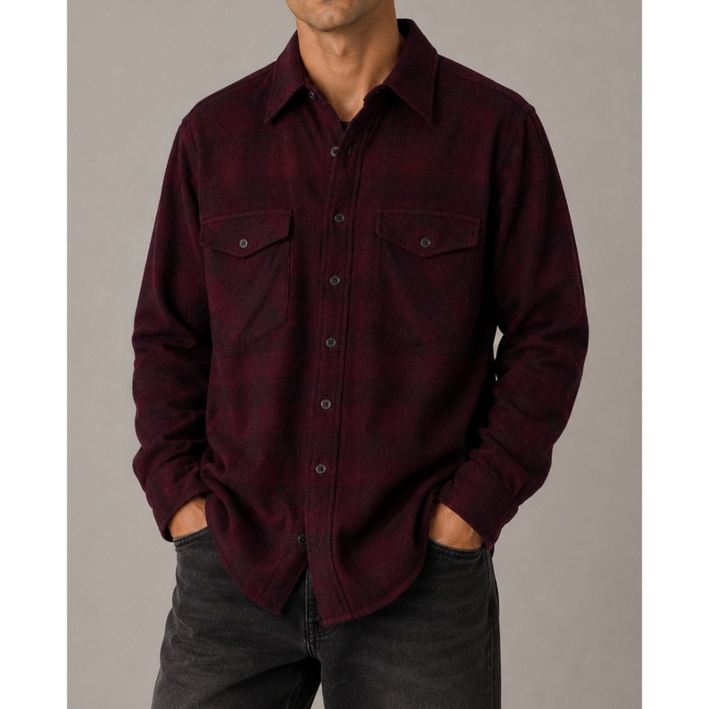 Vntg Pendleton Outdoors Man Burgundy Shadow Plaid Wool‎ Shirt Jacket LG Long USA